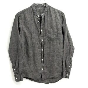 Muji 100% Linen Oxford Stand Collar Shirt Men XS Micro Houndstooth Minimalist